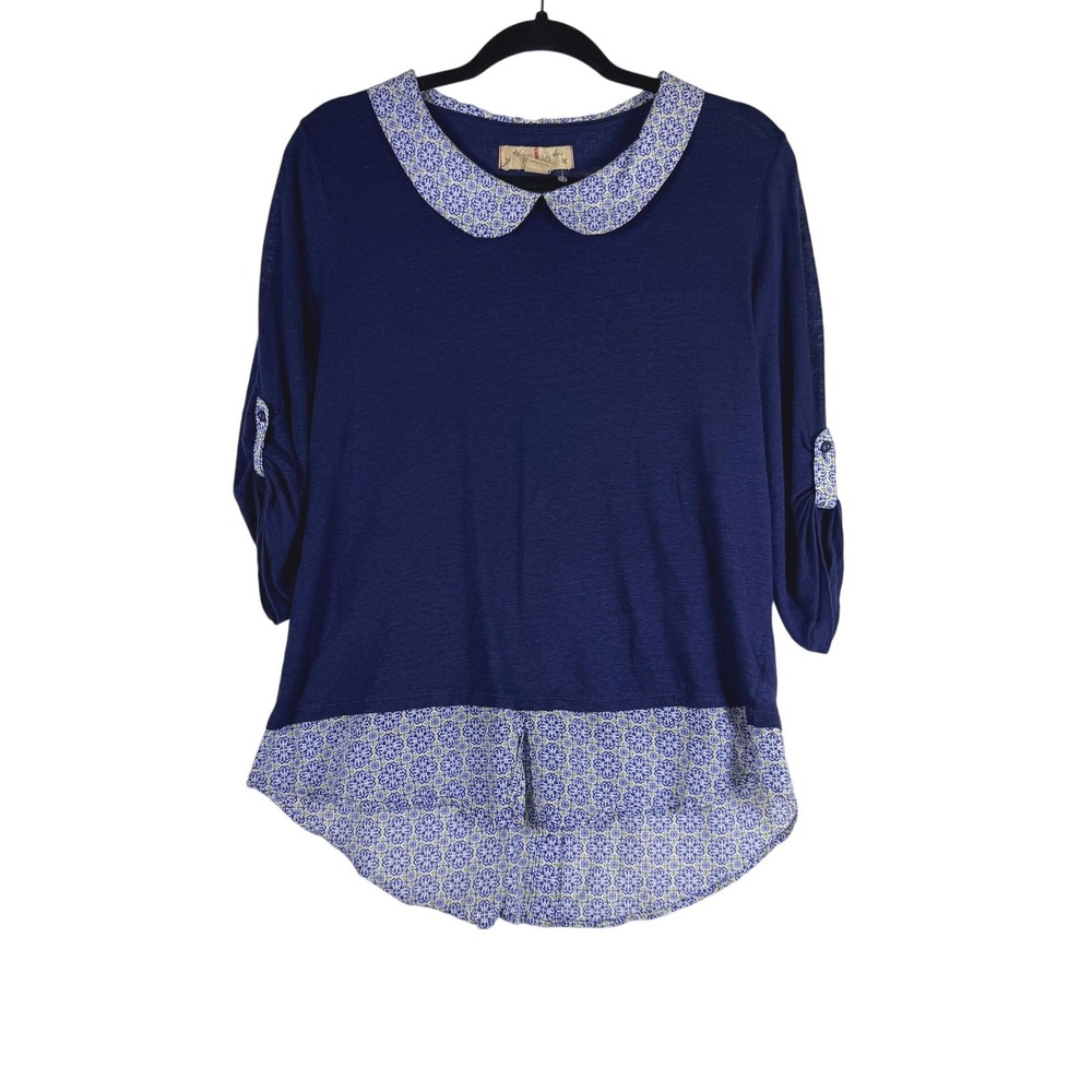 Anthropologie Twig & Perch Navy 100% Linen Peter Pan Collar Blouse L Preppy Mod